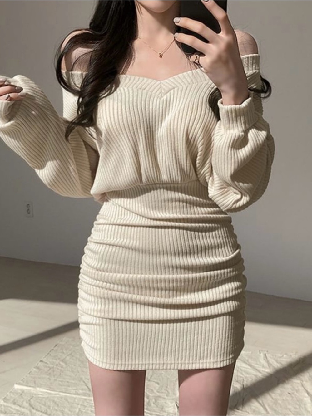 YesStyle Off-Shoulder Ribbed Bodycon Dress in Cream